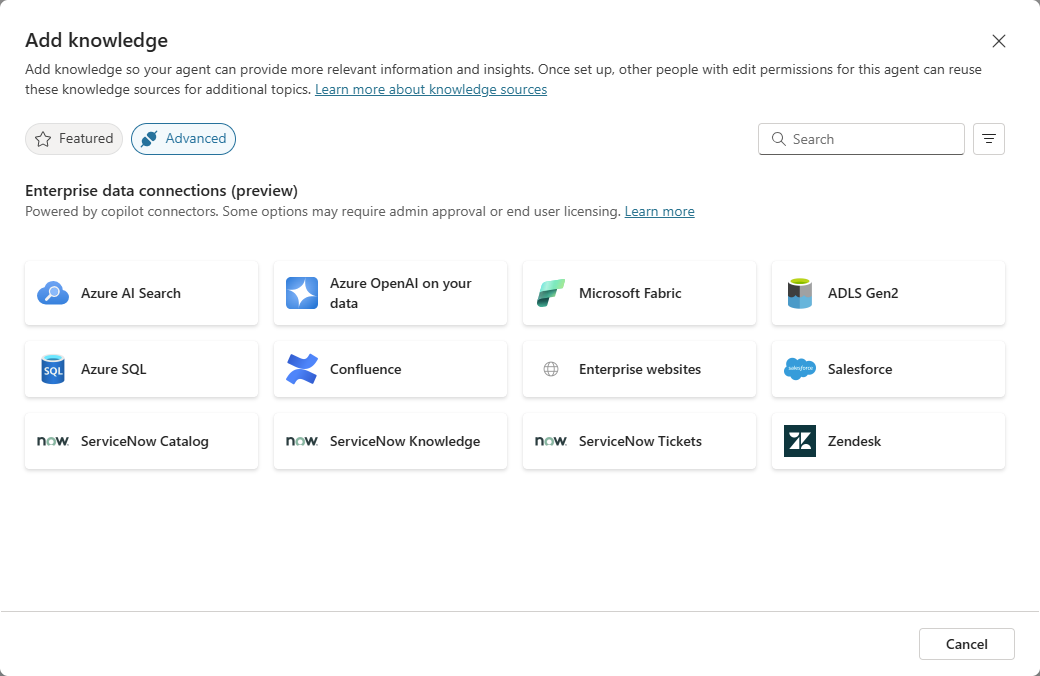 Screenshot of the Advanced knowledge enterprise data connections dialog.