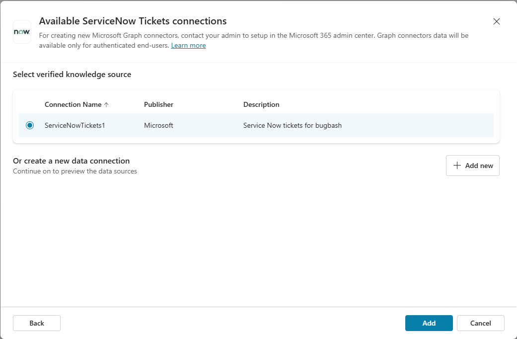 Screenshot of the Available ServiceNow knowledge connections dialog.