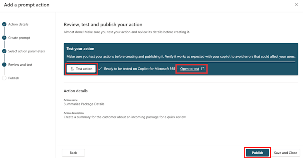 Screenshot of Review and test step of Add a prompt action.