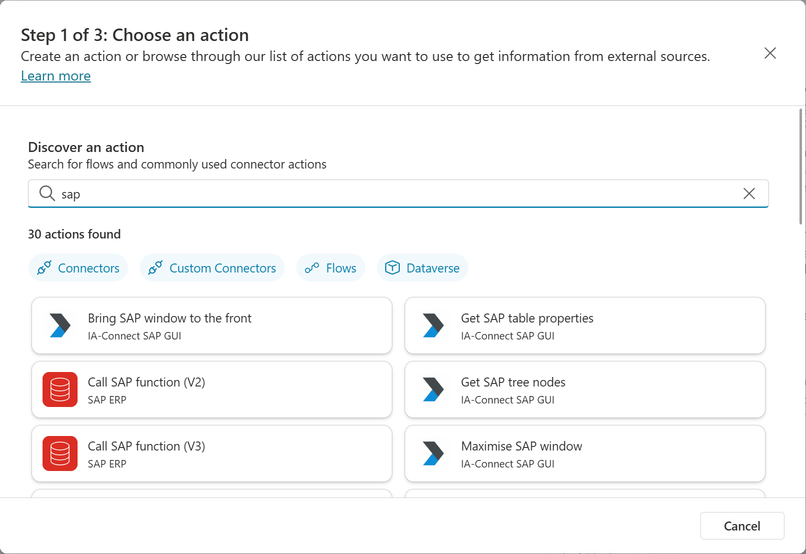 Screenshot of actions panel