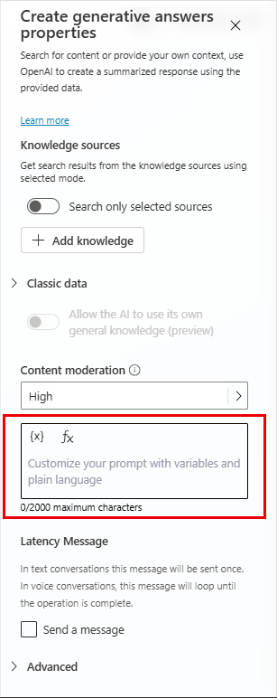 Screenshot that shows where to create generative answers in the properties pane of your generative answers node.