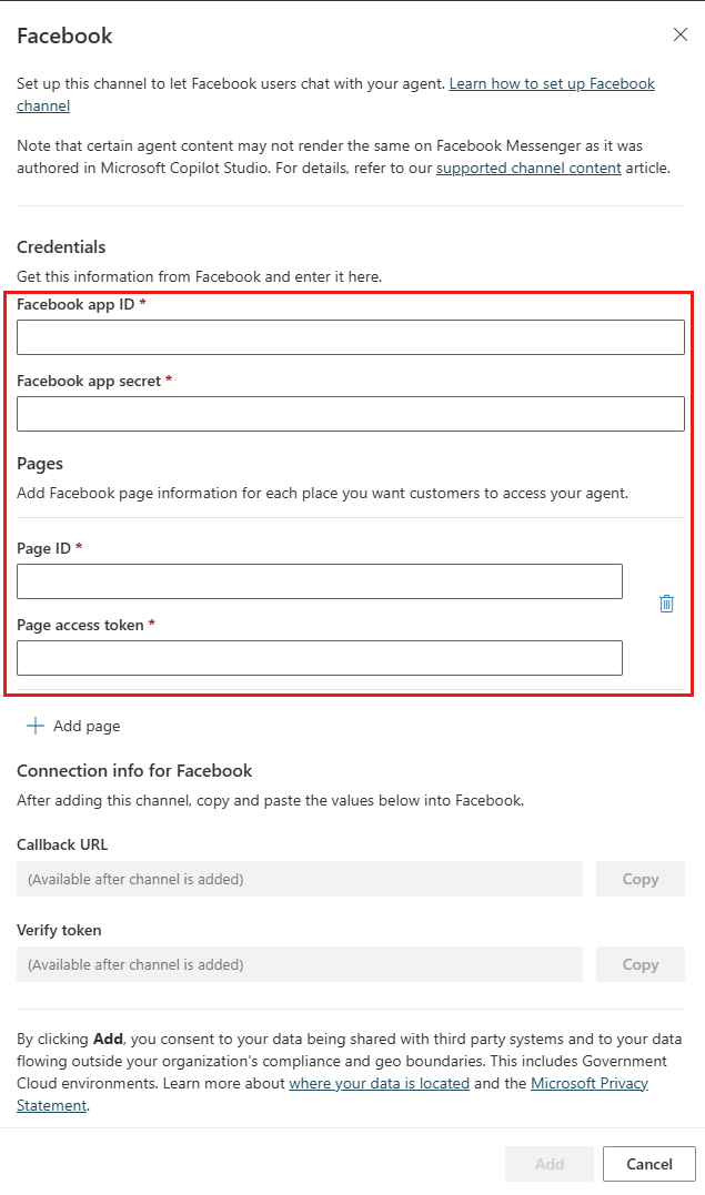 Provide Facebook app and page information.