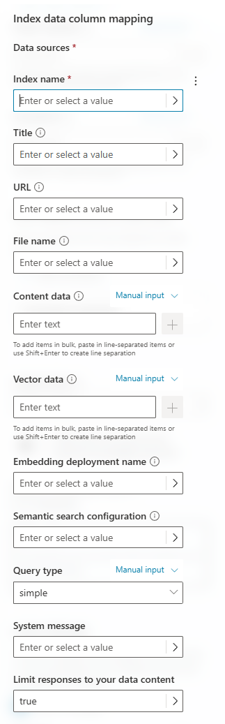 Screenshot showing index data column mapping.