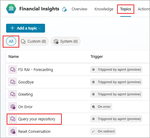 Screenshot showing selection of the Query your repository topic.