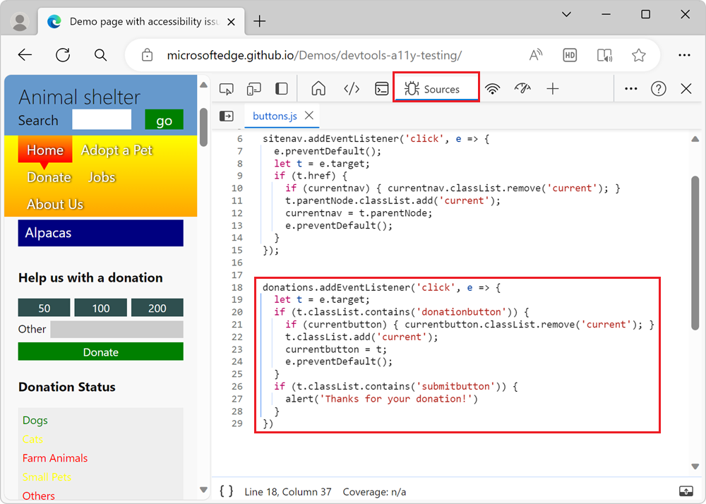 The JavaScript responsible for the donation form's functionality, shown in the Sources tool