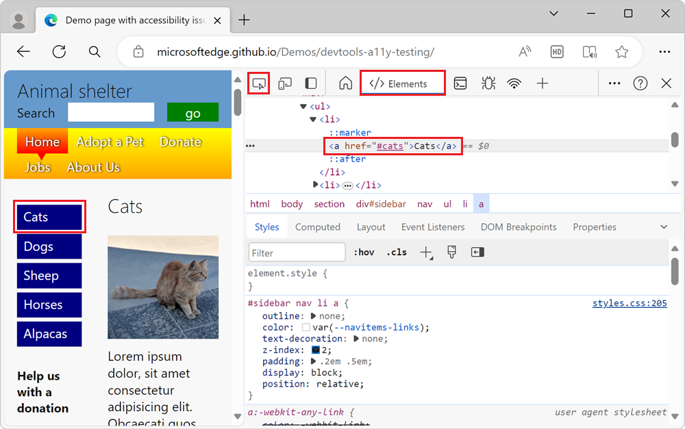 Inspecting the element that has a hover state in the Elements tool