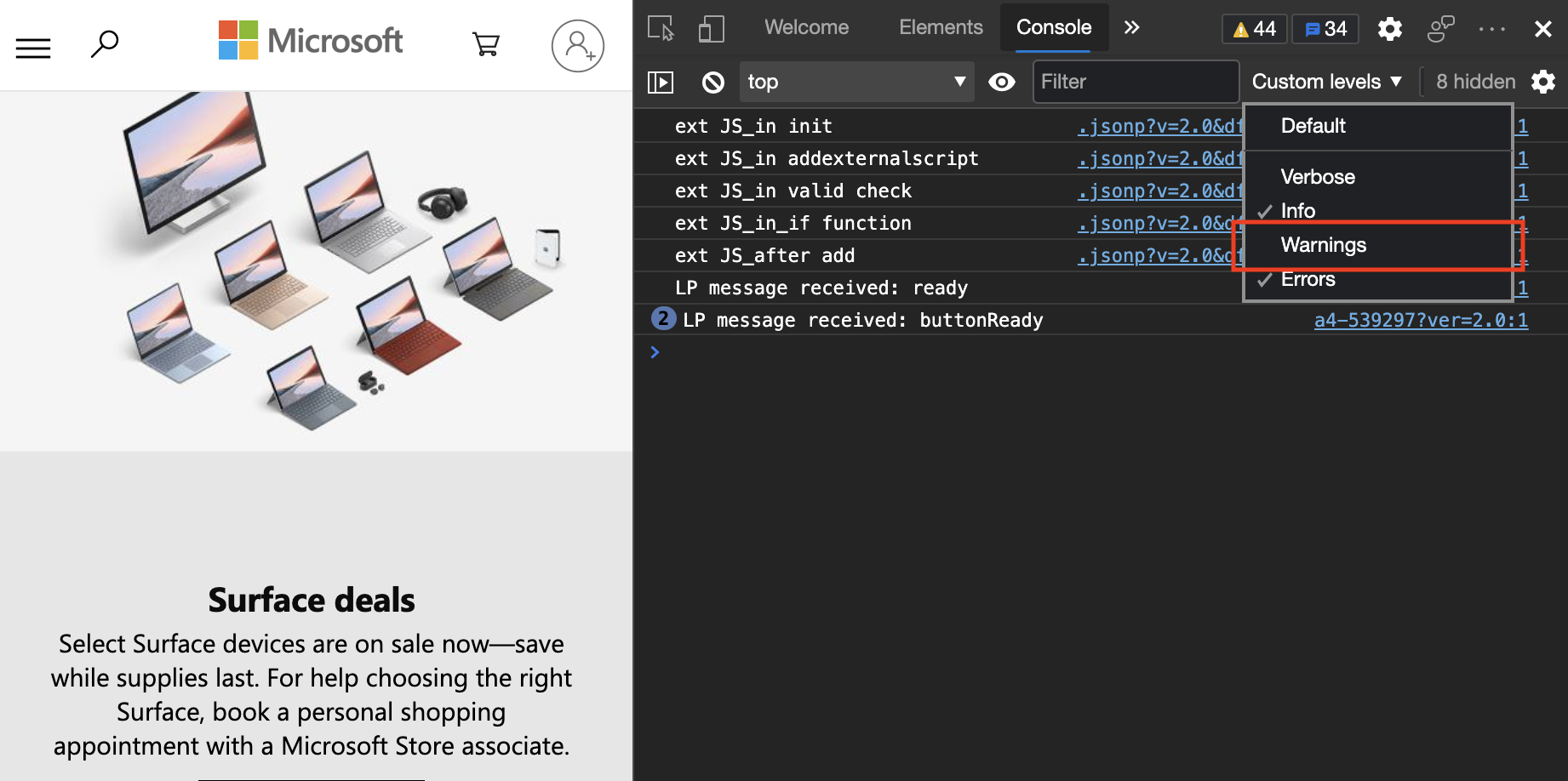 Hiding all the warning level messages in the Console to filter much of the noise