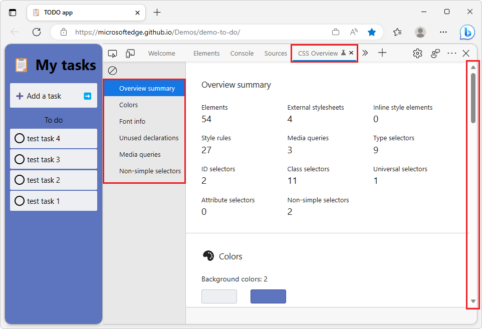 TODO demo app on the left, DevTools CSS Overview report on the right with a clickable list of sections and scrollbar