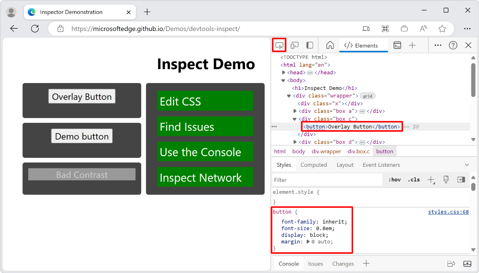 When you click an element in the rendered page, the Styles tool shows the styles that are applied to the element