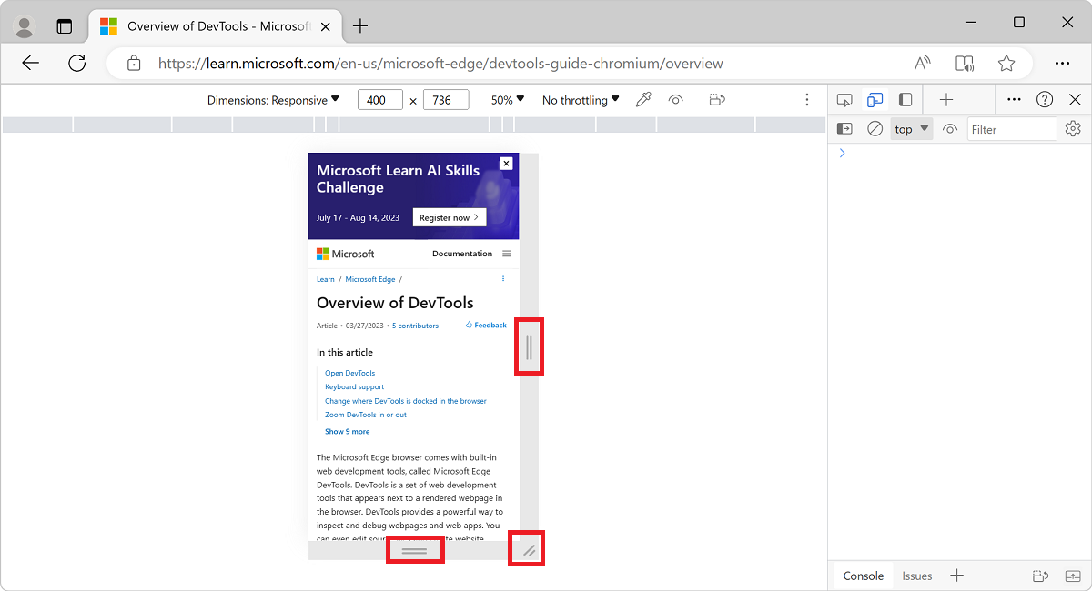 The handles for changing the dimensions of the viewport when in Responsive Viewport Mode