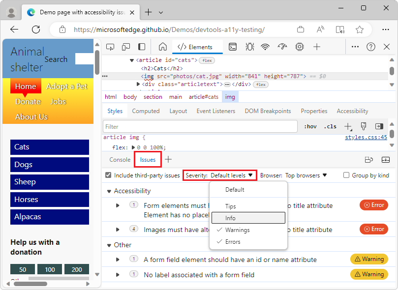 The Issues panel with the Severity dropdown list expanded, showing the different levels that can be selected