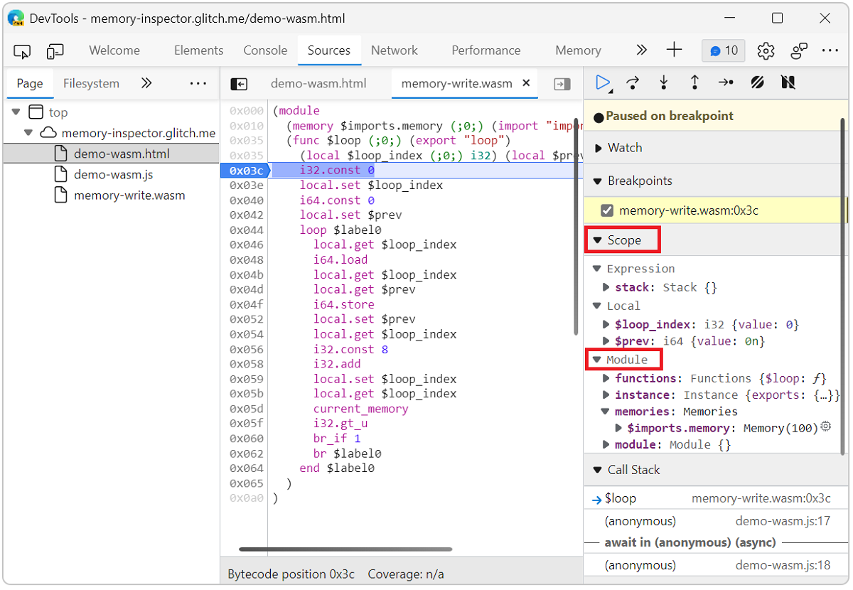 Memory Inspector set breakpoint in Wasm file