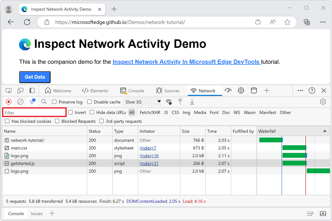 The filter text box of the Network tool