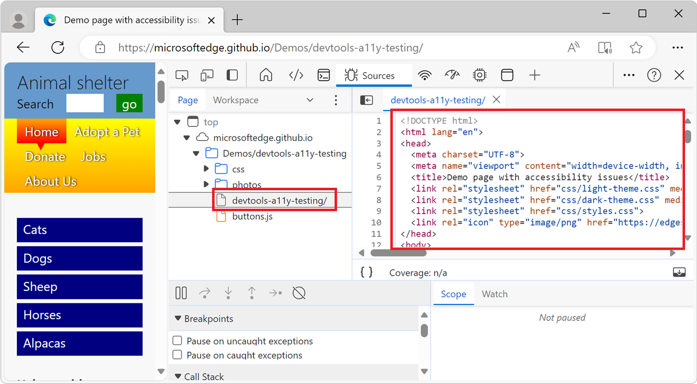 Viewing a resource file in the Editor of the Sources tool