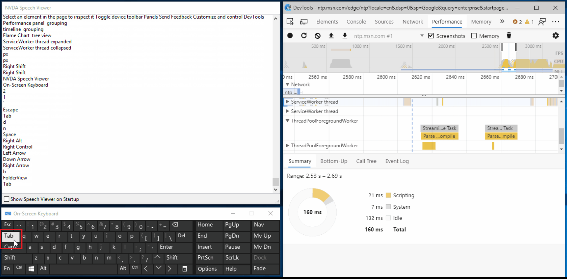 The Performance tool in the DevTools with keyboard navigation and screen reader improvements