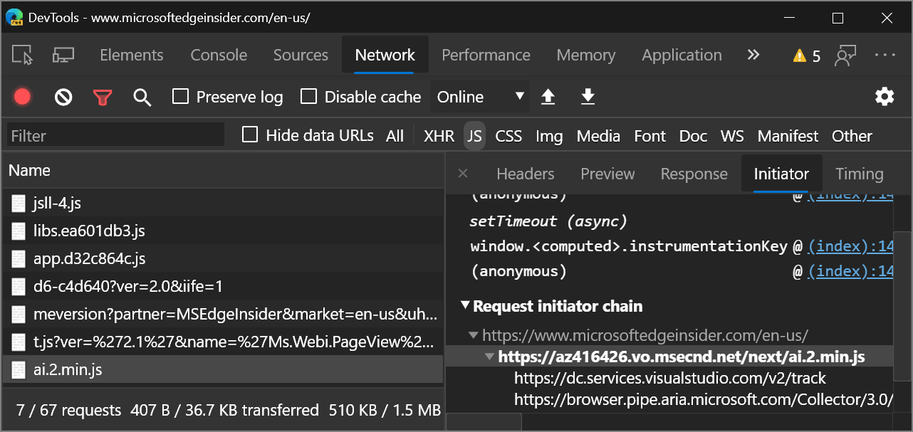 A Request Initiator Chain in the Initiator panel