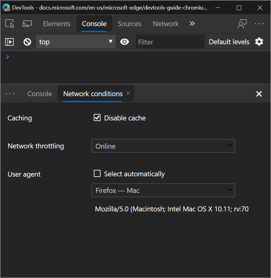 The User Agent menu in the Network Conditions panel