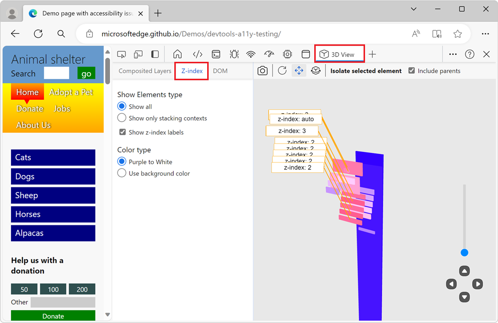 The Z-index tab in the 3D View tool