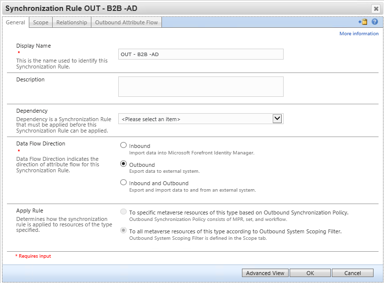 Screenshot showing the General tab of the Synchronization Rule OUT screen.