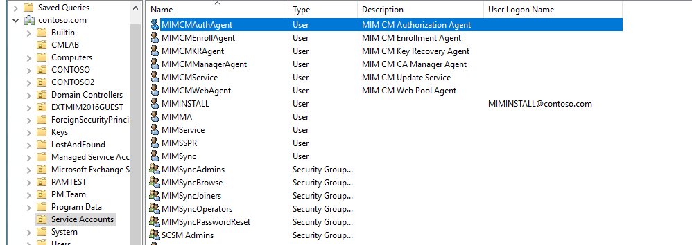 Screenshot showing service accounts with Name, Type, Description, and User Logon Name.