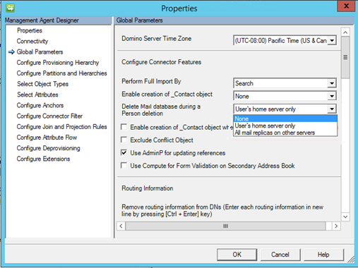 screenshot of MIM Sync Notes connector Global Parameters page setting to Delete user's mailbox