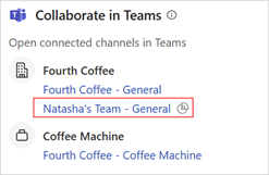 Screenshot of linked teams in Copilot for Sales in Outlook.