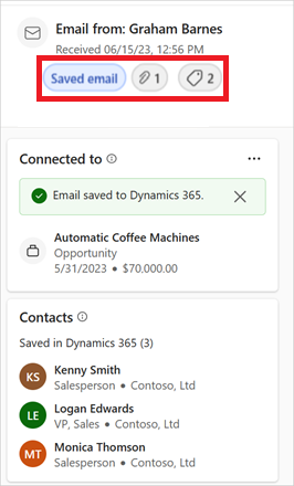 Screenshot showing an email that was saved to the CRM.