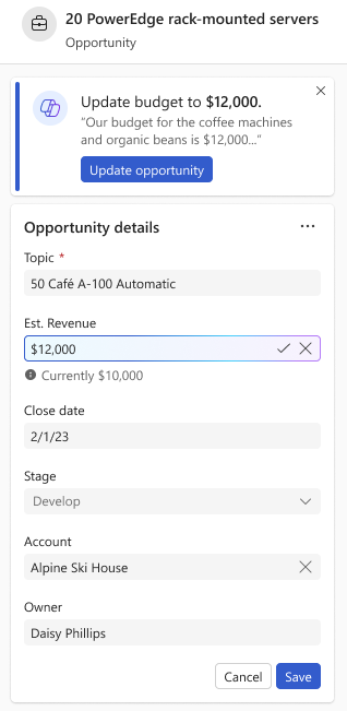 Screenshot showing option to update opportunity from details view.