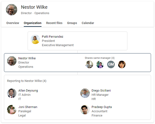 Screenshot of organizational chart with three different levels