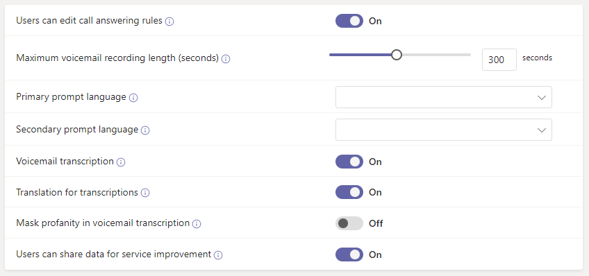 Screenshot of Teams voicemail policies.