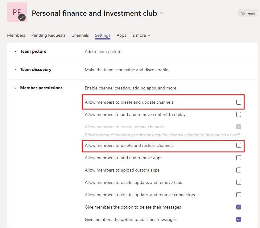 Screen image that shows the member permissions section of the admin console Settings tab.