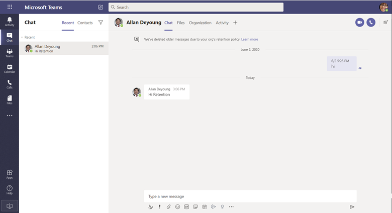 User informed in Teams that chat message are deleted because of a Teams retention policy.