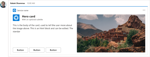 Example shows an Adaptive Card hero card.