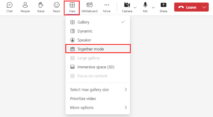 Screenshot shows the options select together mode in teams meeting.