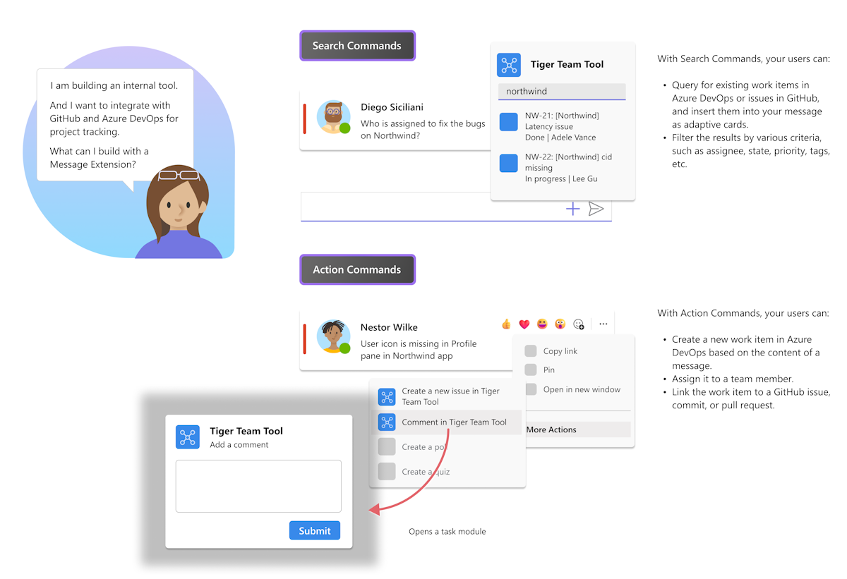 Screenshot shows the way for a developer to select between action commands and search commands.