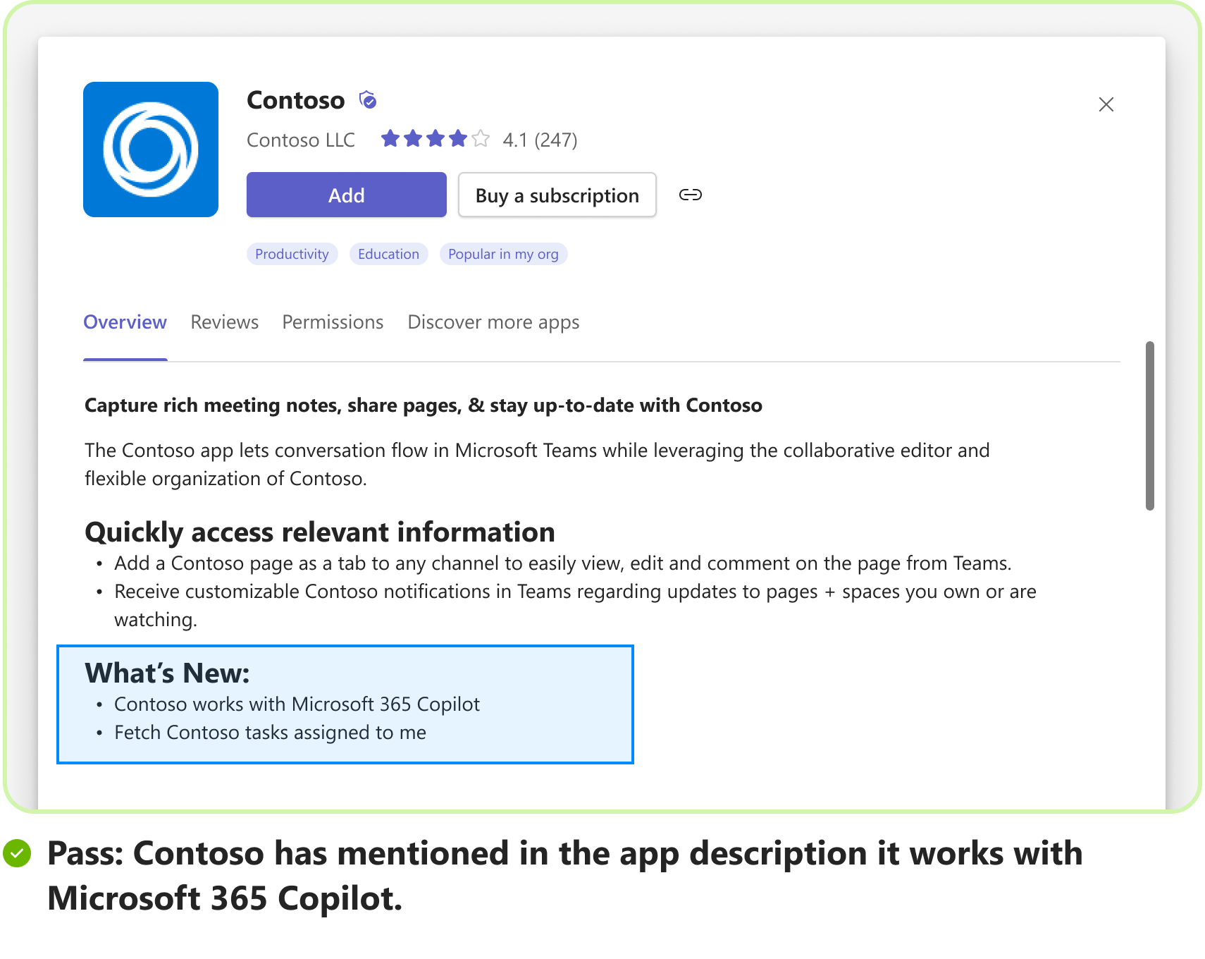 Screenshot shows a pass scenario with an example of sample prompt for message extension usage as a plugin in Microsoft 365 Copilot.