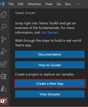 Location of the Create New Project link in the Teams Toolkit sidebar.