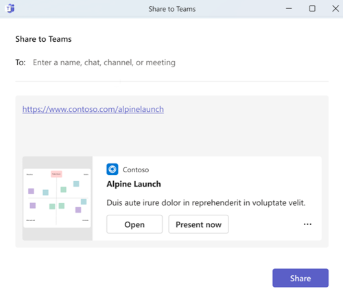 Screenshot of the Share to Teams dialog to share content to Teams.