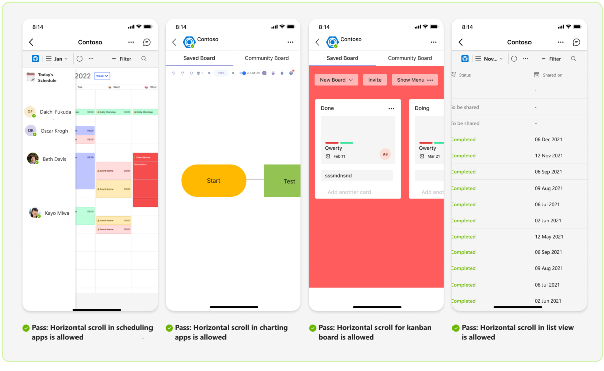 Graphic shows examples of all the scenarios in mobile where horizontal scroll is allowed.