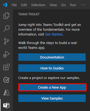 Screenshot shows the location of the Create New Project link in the Teams Toolkit sidebar.