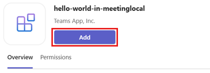 Screenshot of the app details dialog with the Add option to add meeting app in Microsoft Teams.