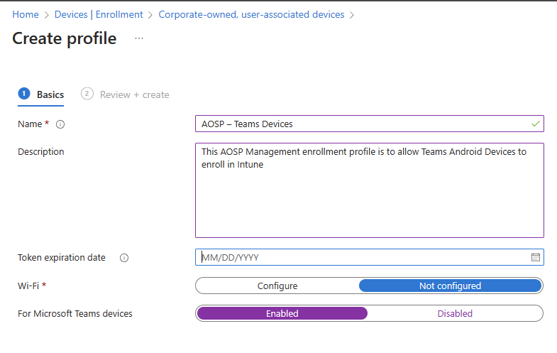 Screenshot of AOSP enrollment profile.