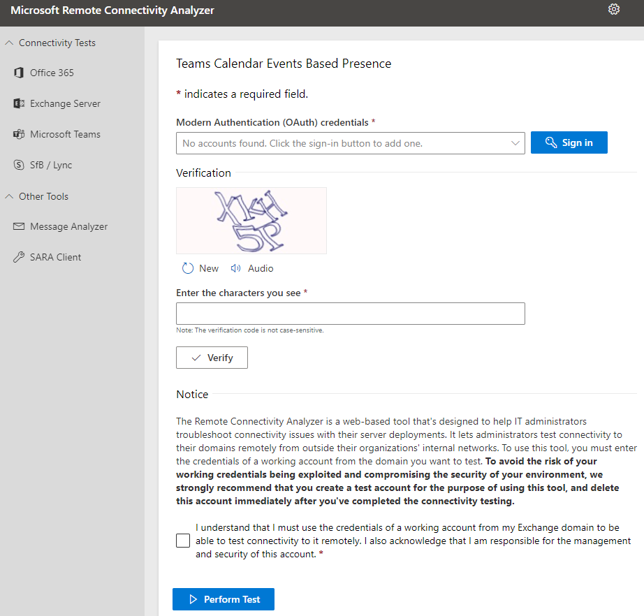 Screenshot of Teams Calendar Events Based Presence page of Microsoft Remote Connectivity Analyzer.