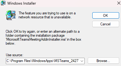 Screenshot of a Windows Installer pop-up window that says uninstallation fails.