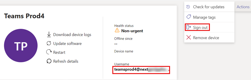 Screenshot of the device page with the username field populated and the sign out option selected.