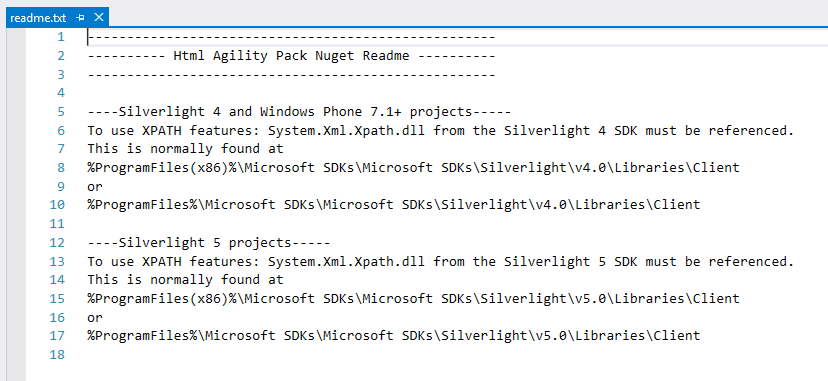 The display of a readme file for a NuGet package upon installation