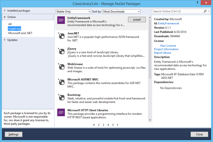 Solution Level Manage NuGet Packages dialog