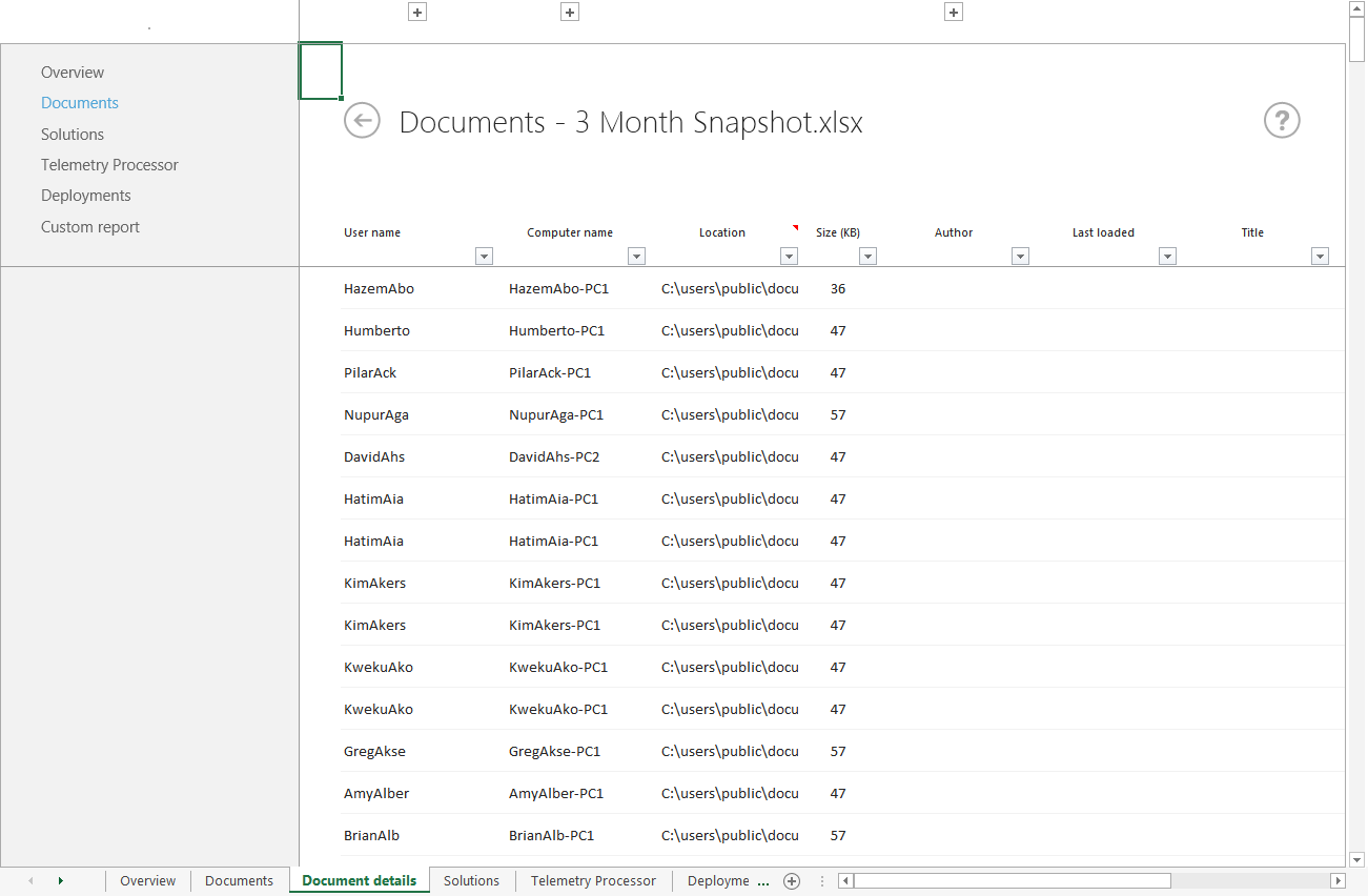 A screenshot of document details for three Month Snapshot.xlsx including user and computer information.