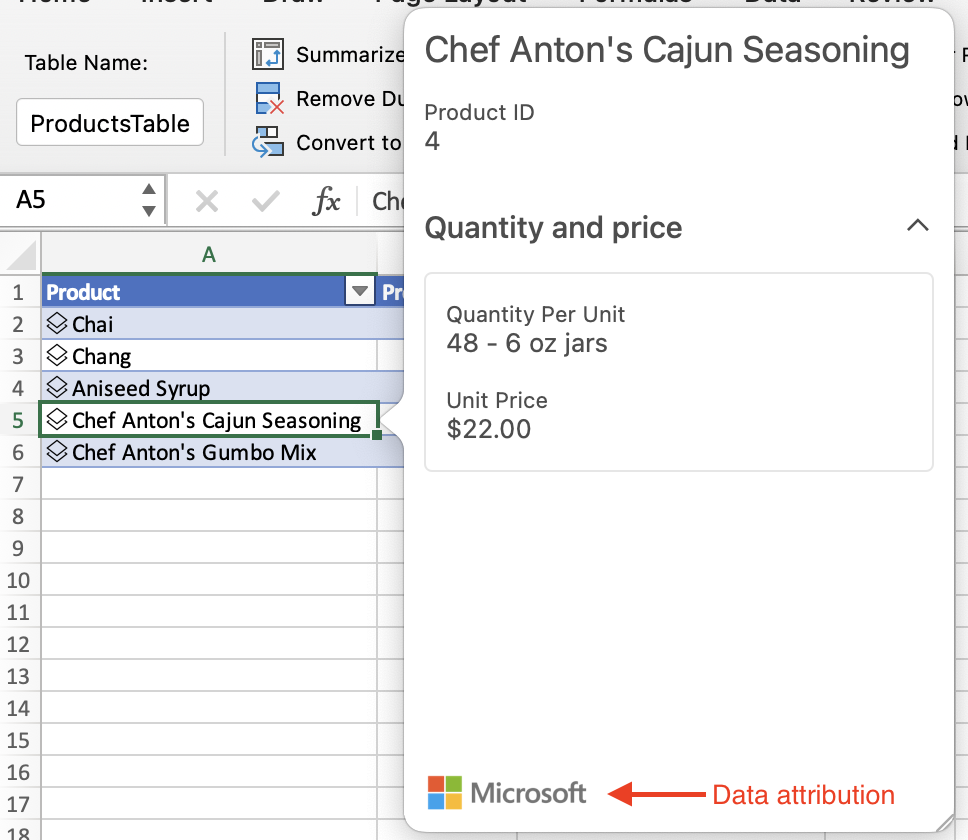 An entity value data type with the card layout window displayed. The card shows the data provider attribution in the lower left corner.