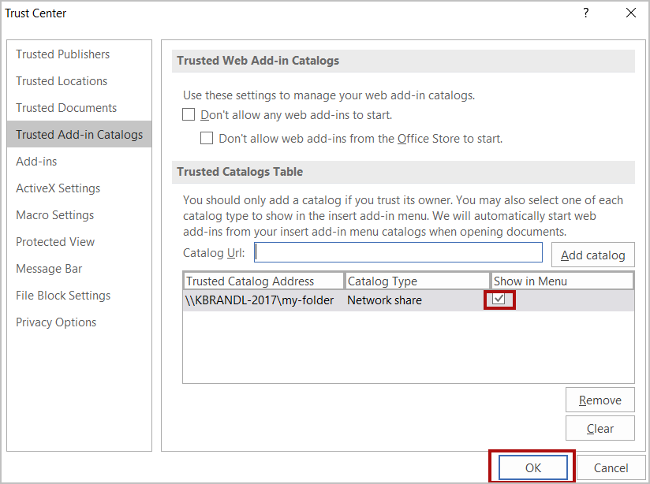 Trust Center dialog with catalog selected.